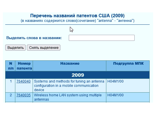 19. Вид html-файла с перечнем патентов за 2009 год